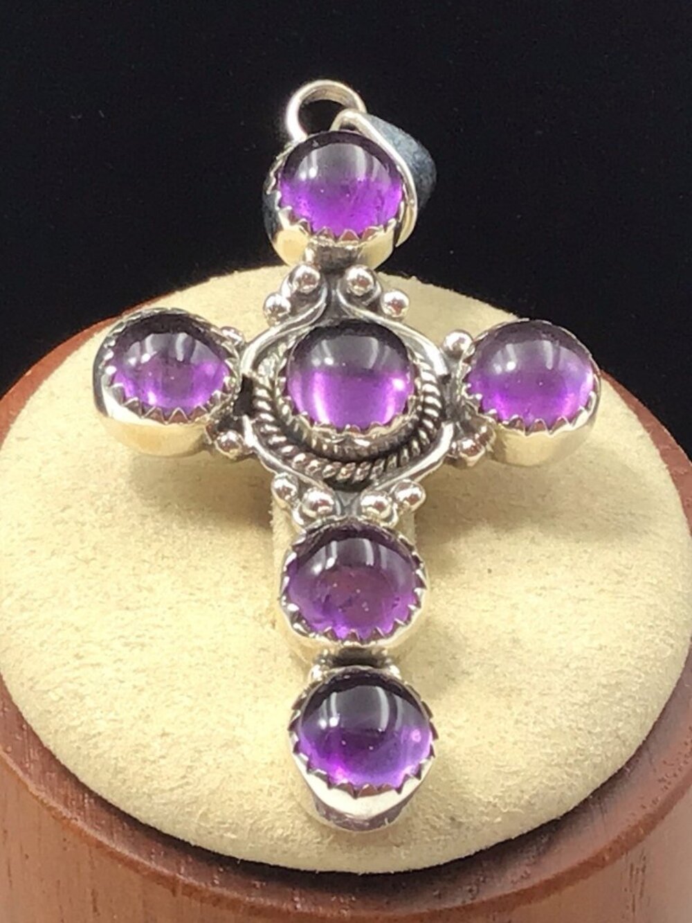 Sterling Silver Amethyst Cabochon Cross Pendant 7.9gms 2” New